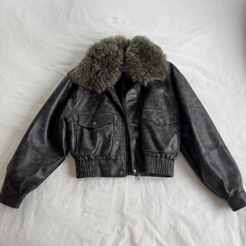 Charlotte simone black leather jacket with lamb fur collar